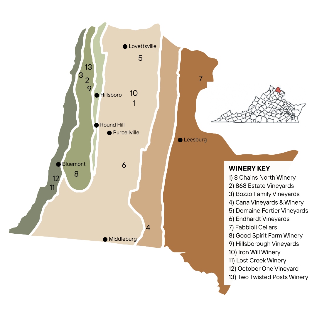 Regional map of Loudoun wine country showing AVA zones and all 13 participating wineries numbered with a key